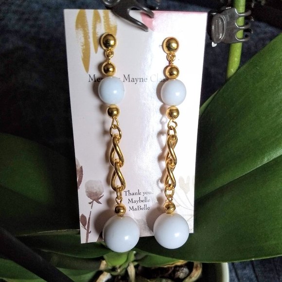 gold chain white bead ball long dangle earrings